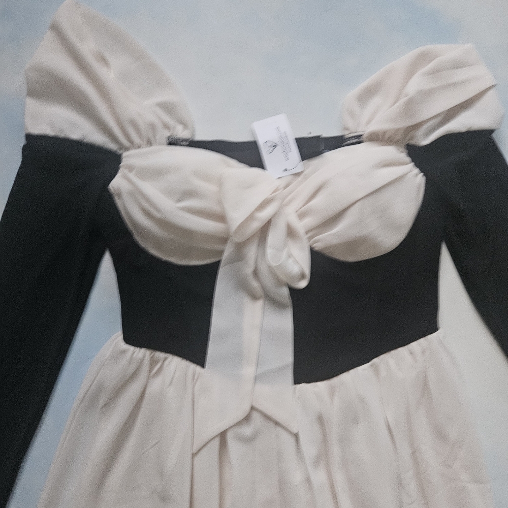Coquette Black & Cream Off-Shoulder Dress Chiffon Feminine Mini Dress - Picture 9 of 16